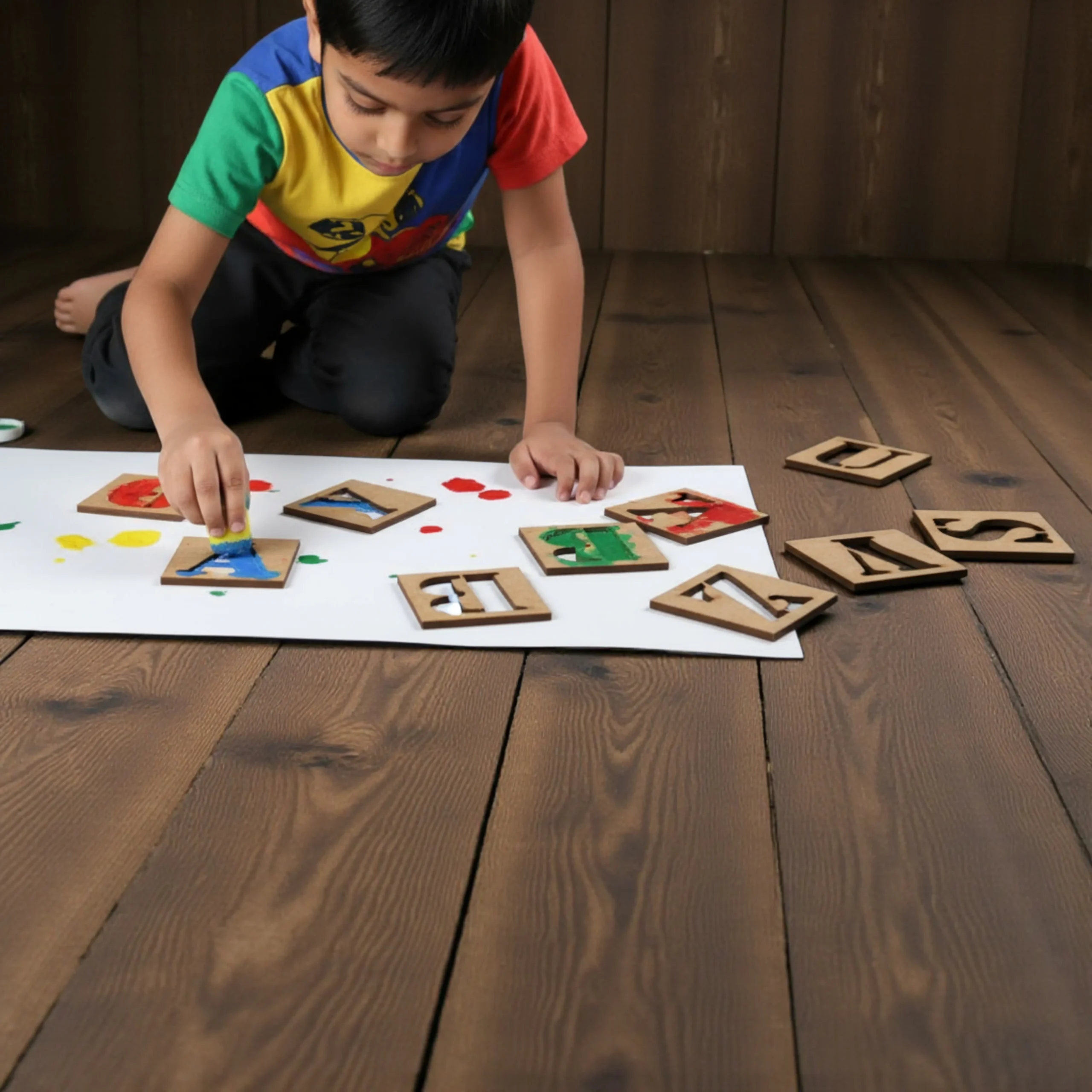 Complete ABCD Stencil Set Box Contents – Wooden Tracing Tools all wooden alphabet stencils included in the ABCD set neatly placed showing full set and storage
