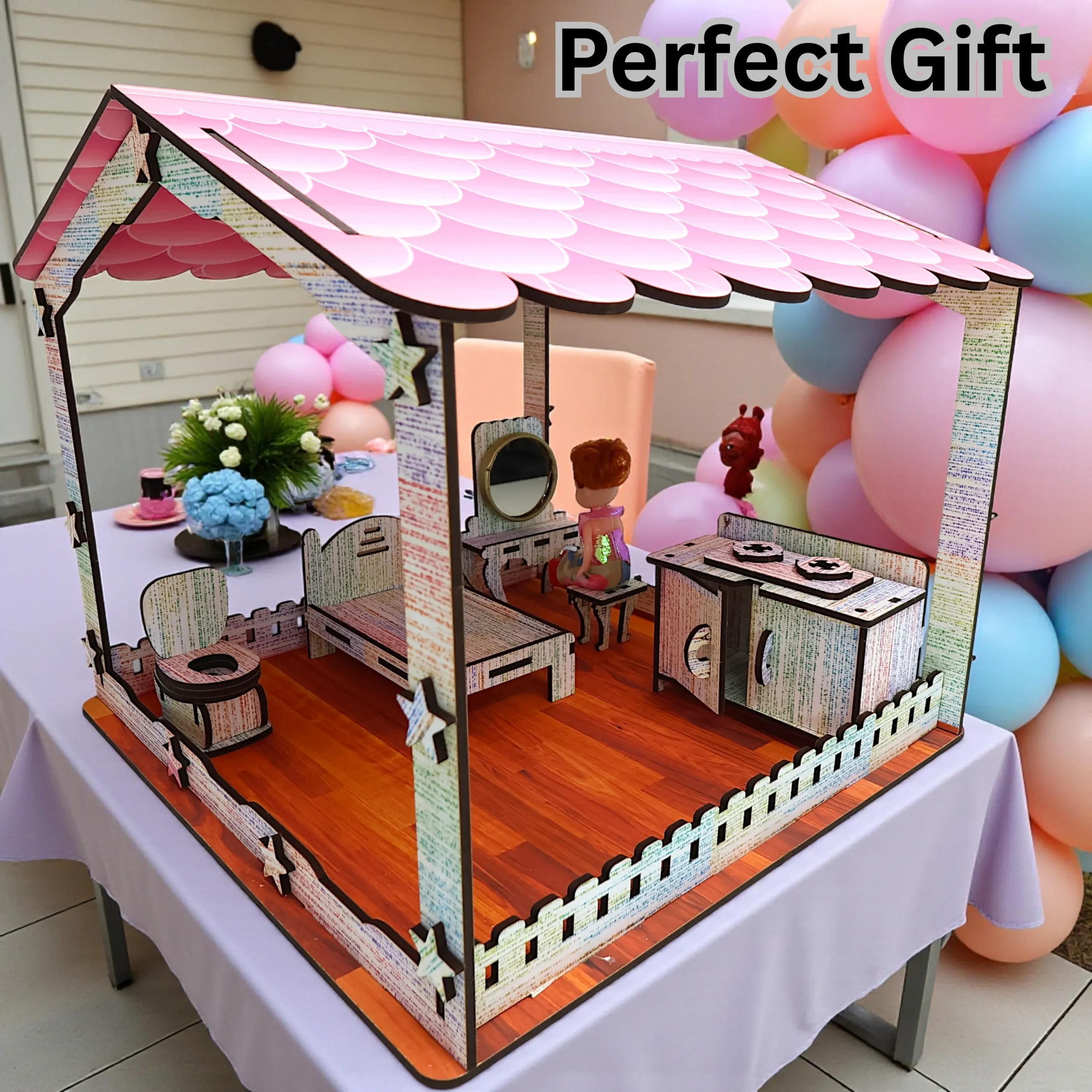 Wooden Big Doll House Exterior View front view of wooden big doll house with open access design