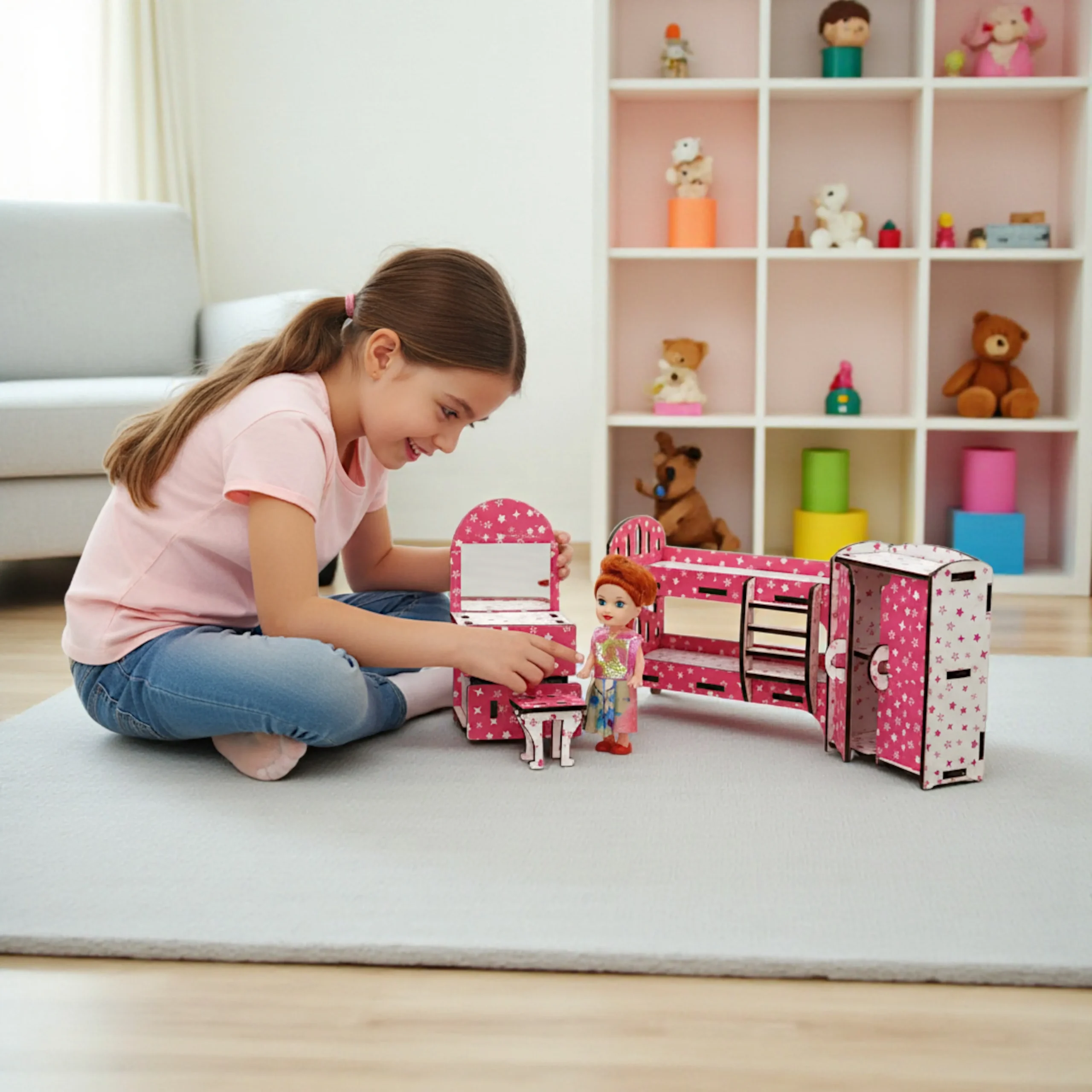 Complete Bedroom Miniature Furniture Set for Dollhouse – All Pieces all pieces from the bedroom miniature furniture set for dollhouse laid out showing complete set