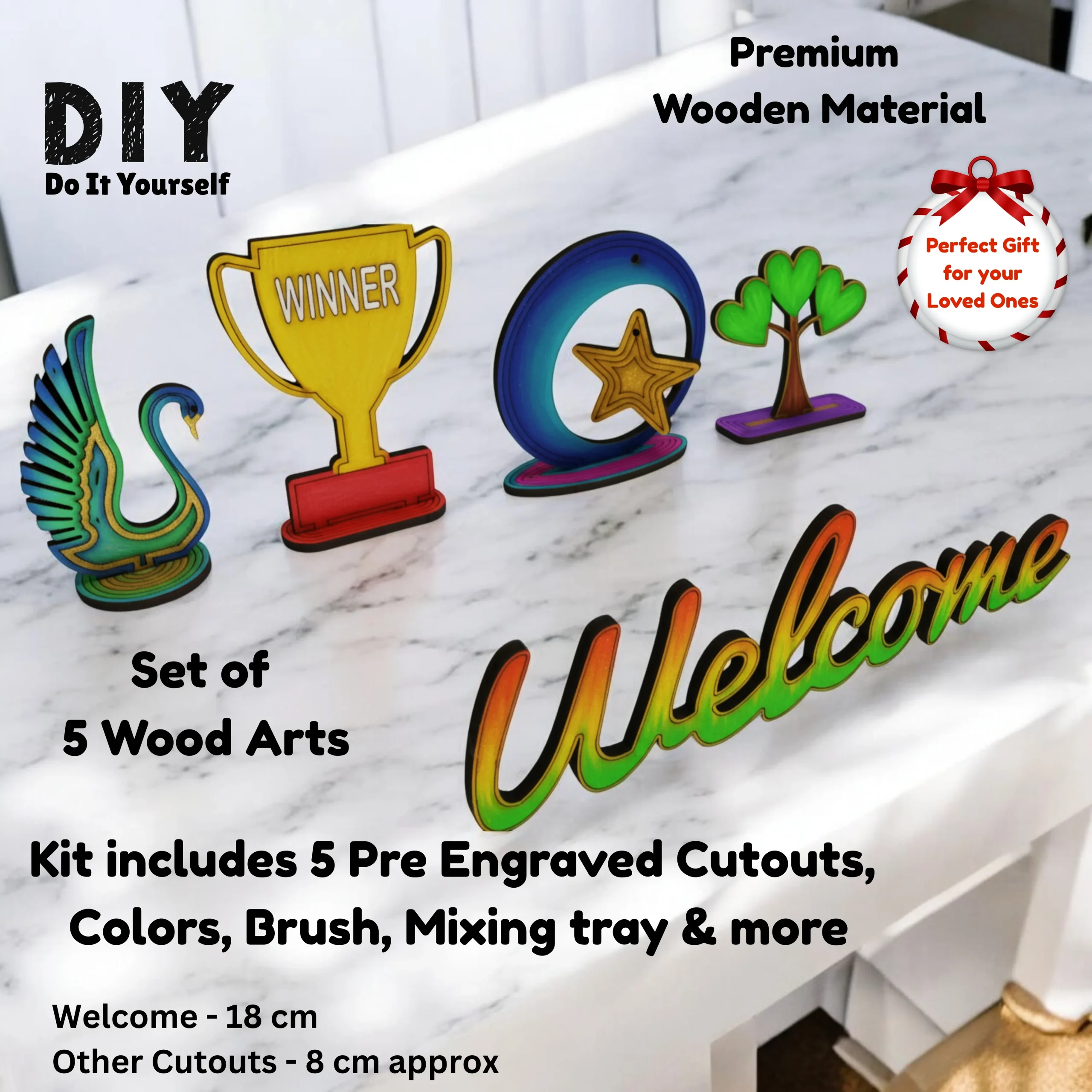 DIY Wooden Painting Kit Contents DIY wooden painting kit showing paints brushes and wooden pieces
