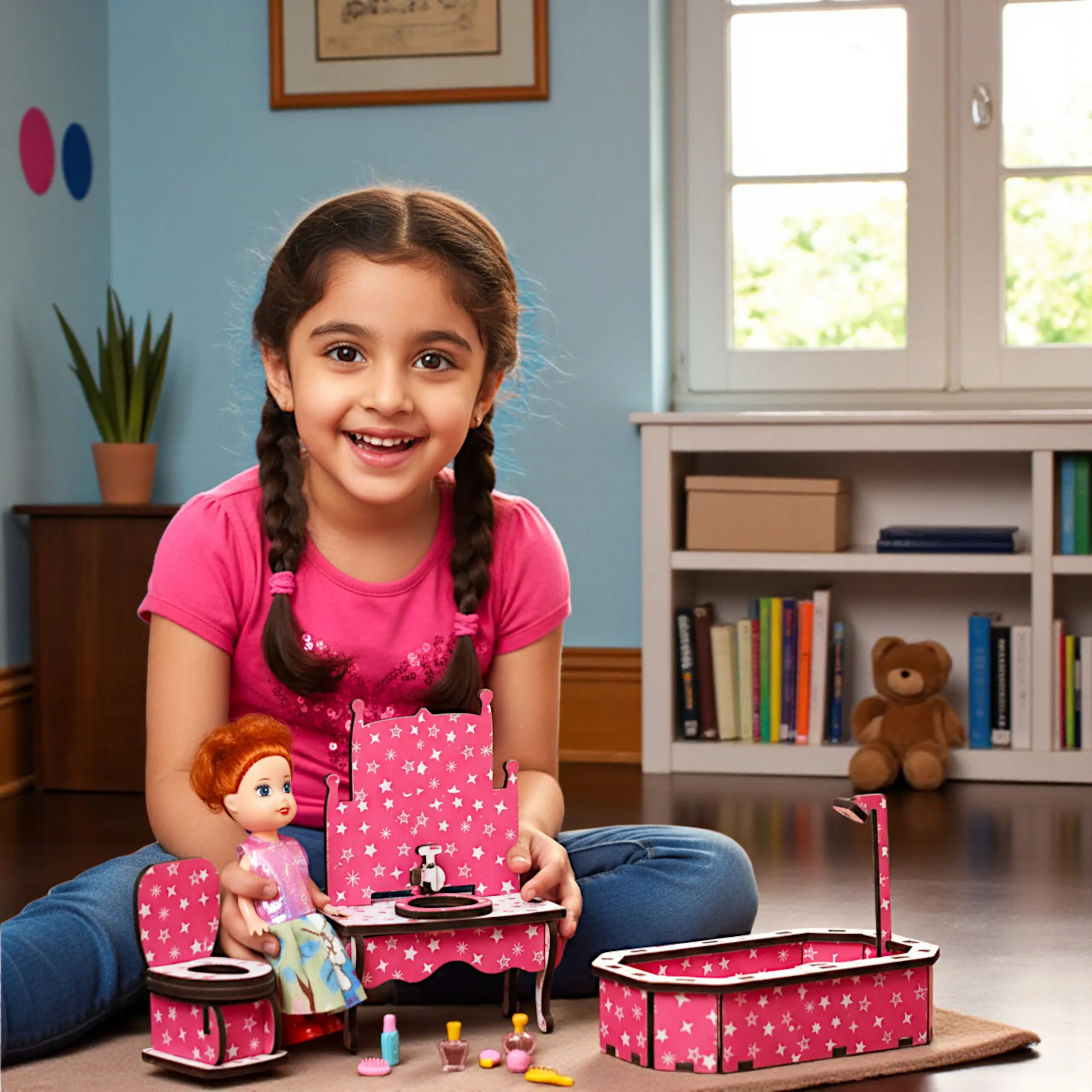 kids playing with dollhouse bathroom furniture set