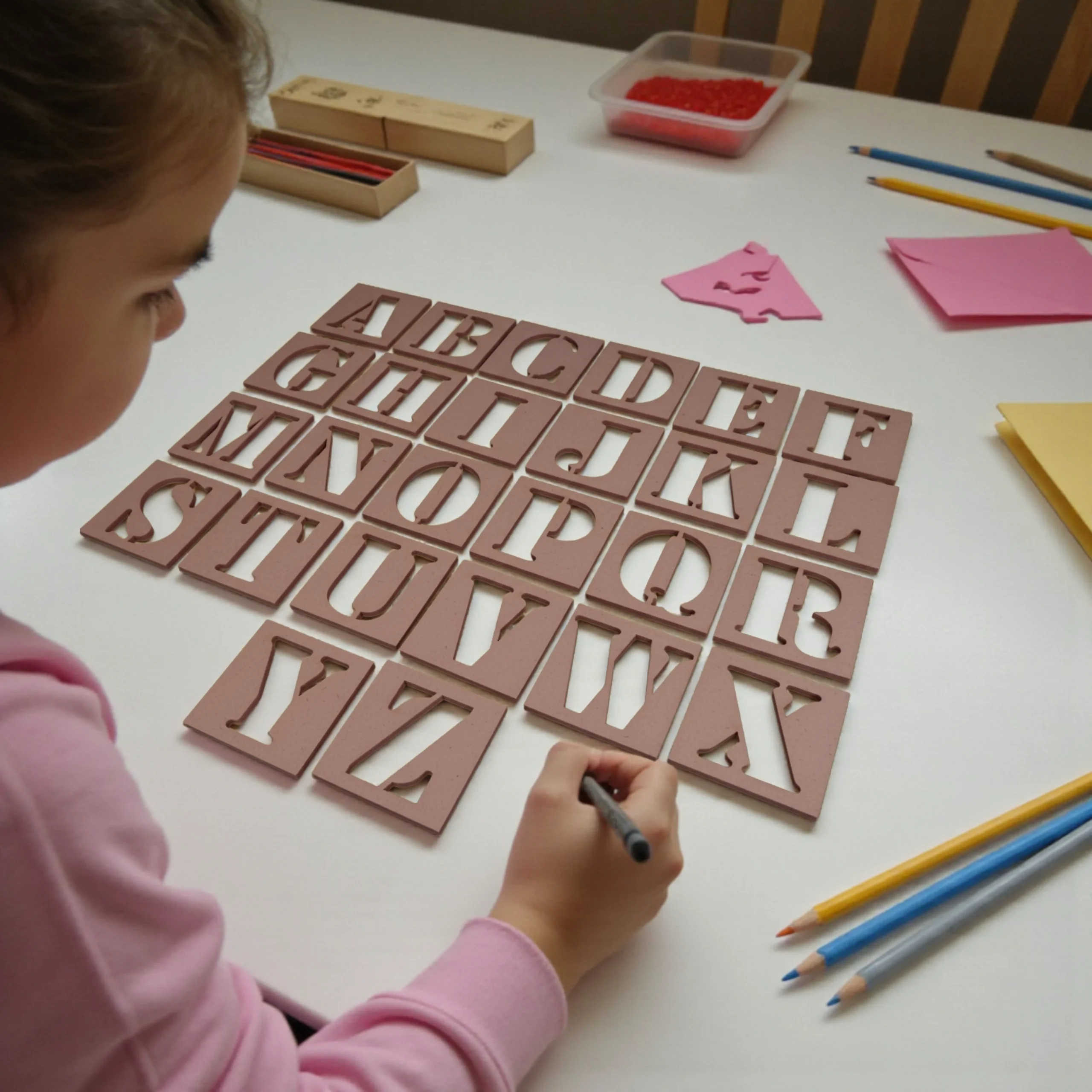 Develop Fine Motor Skills with Wooden Alphabet Stencils child’s hand tracing letters on wooden alphabet stencils building motor skills and coordination