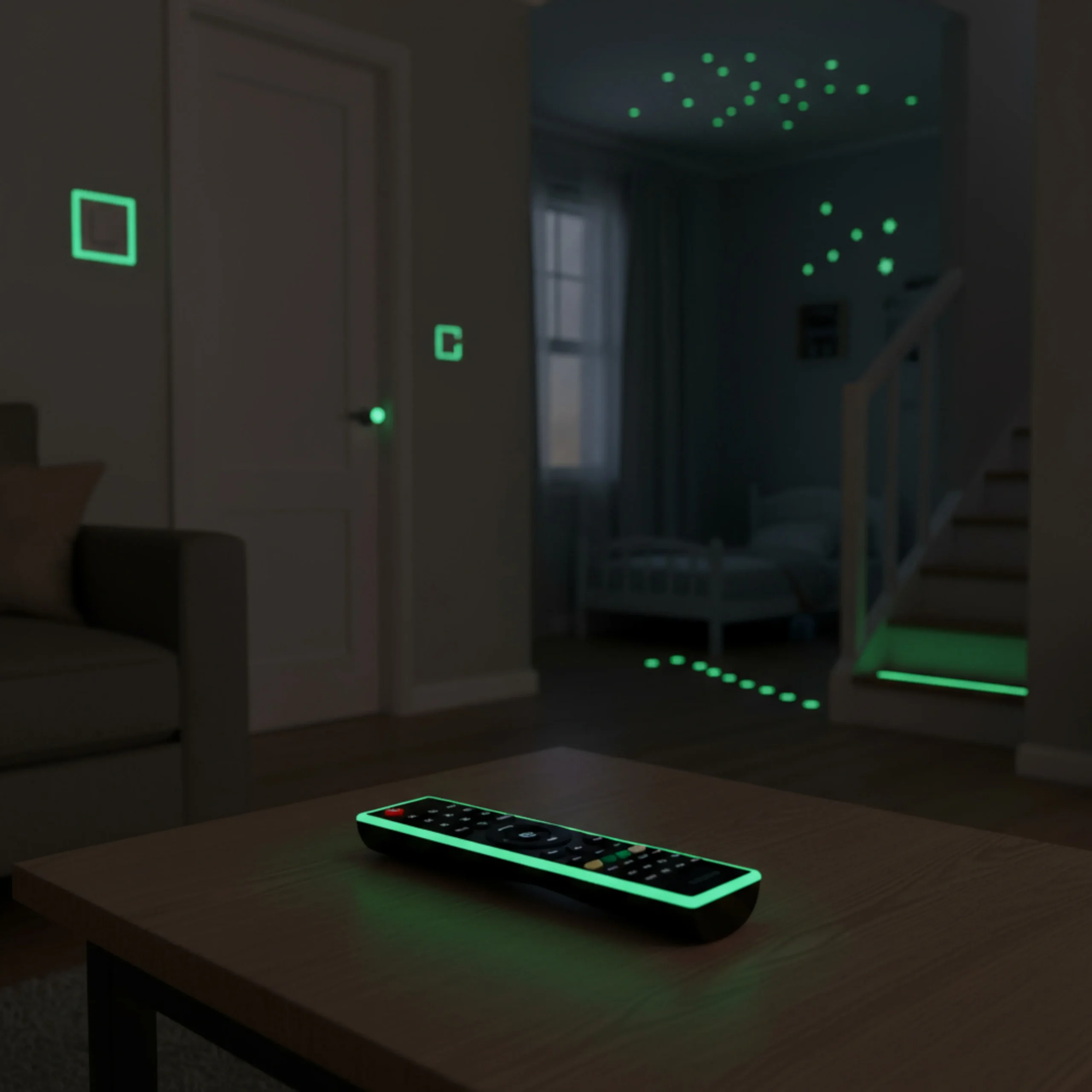 Glow in the Dark Stickers – Night Glow Effect close up of glow in the dark stickers glowing at night in kids room