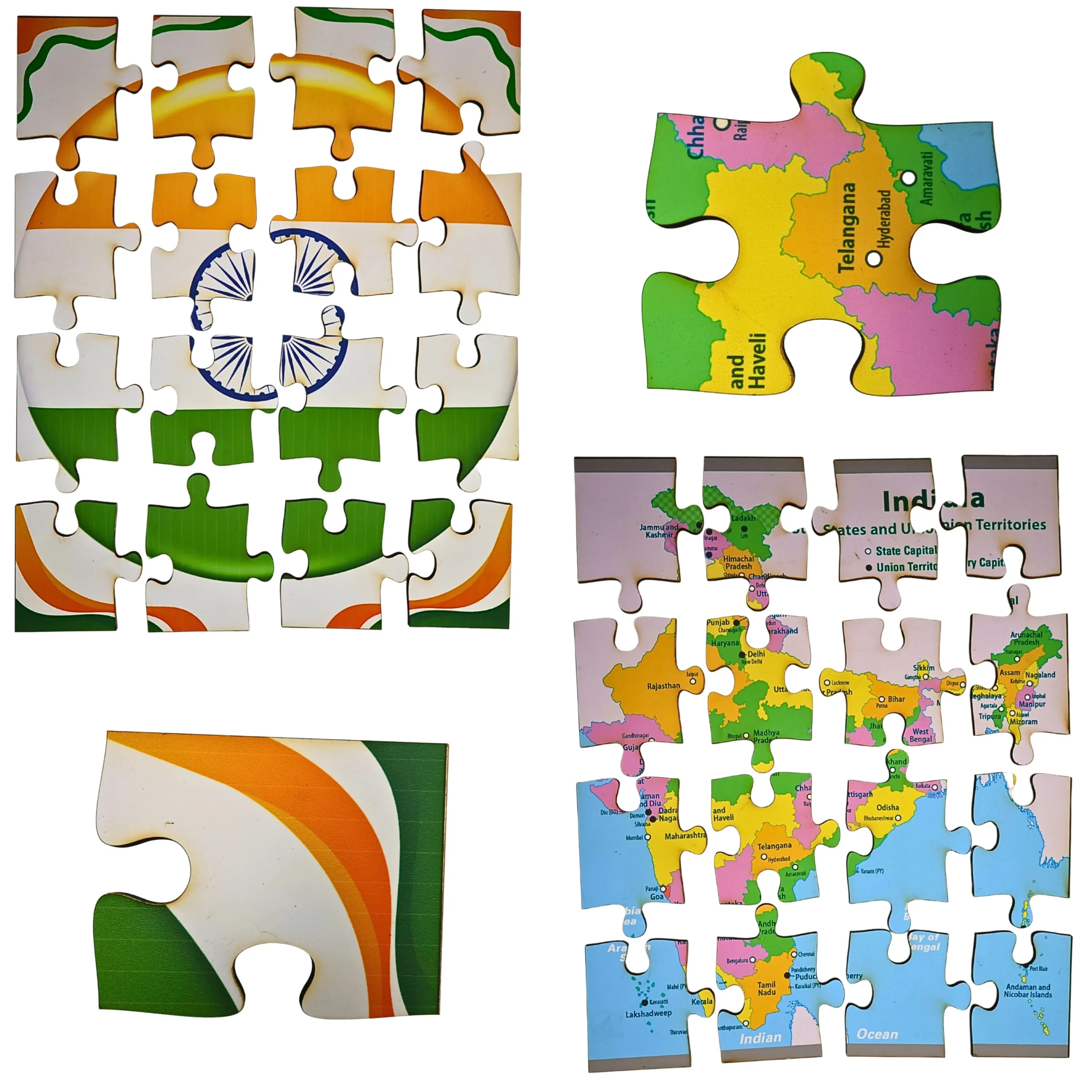 Close-Up of India Map Puzzle Pieces close up of puzzle pieces showing India map and flag details for educational play