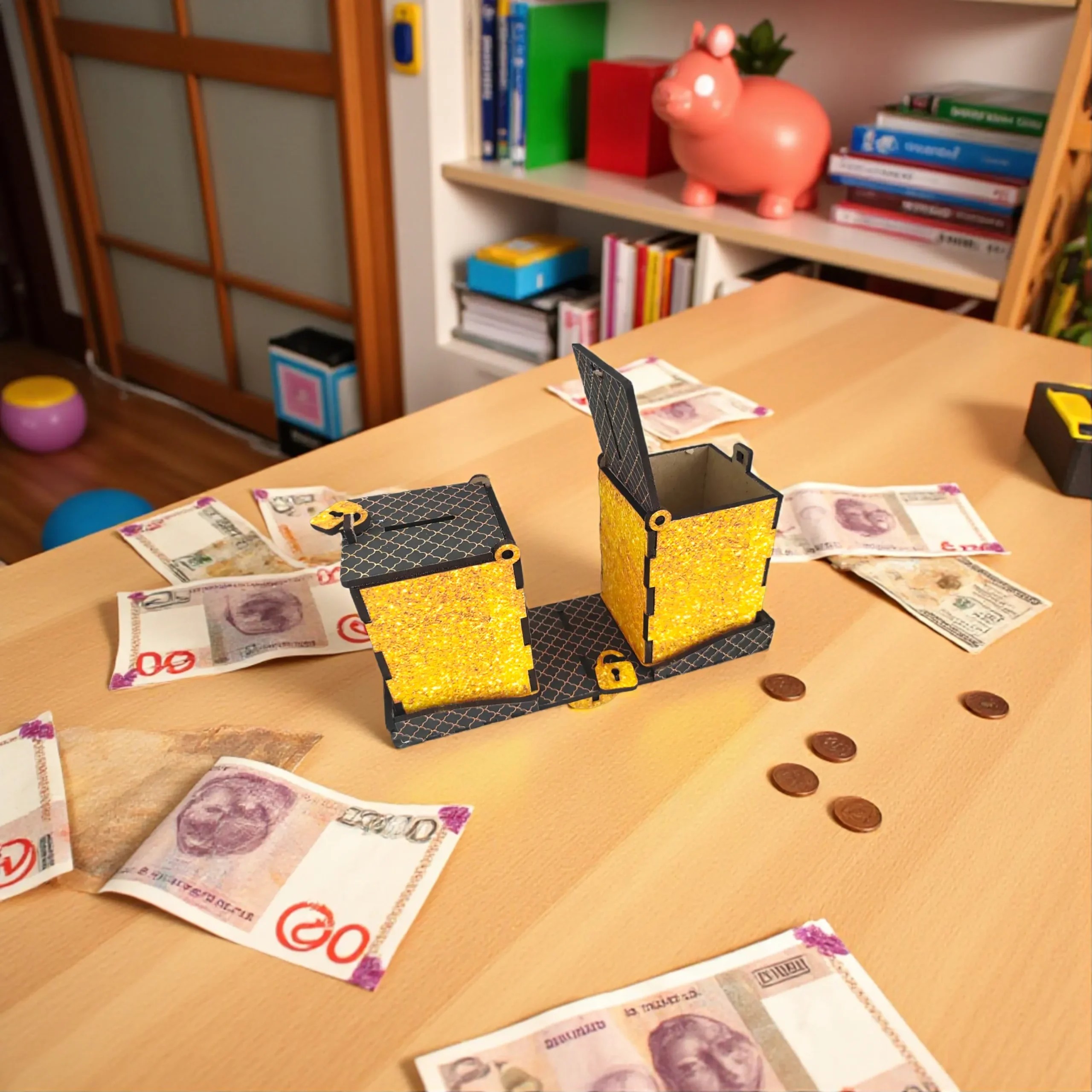 Kids Coin Saving Piggy Bank kids inserting coins into piggy bank money box