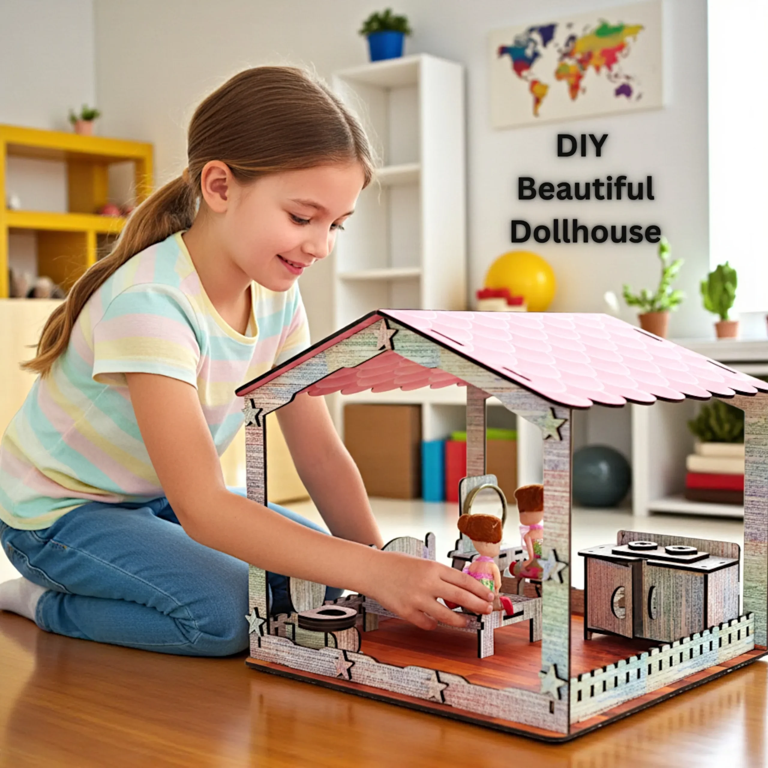 Kids Playing with Big Doll House – Pretend Play Fun children playing with big wooden doll house enjoying pretend house scenes