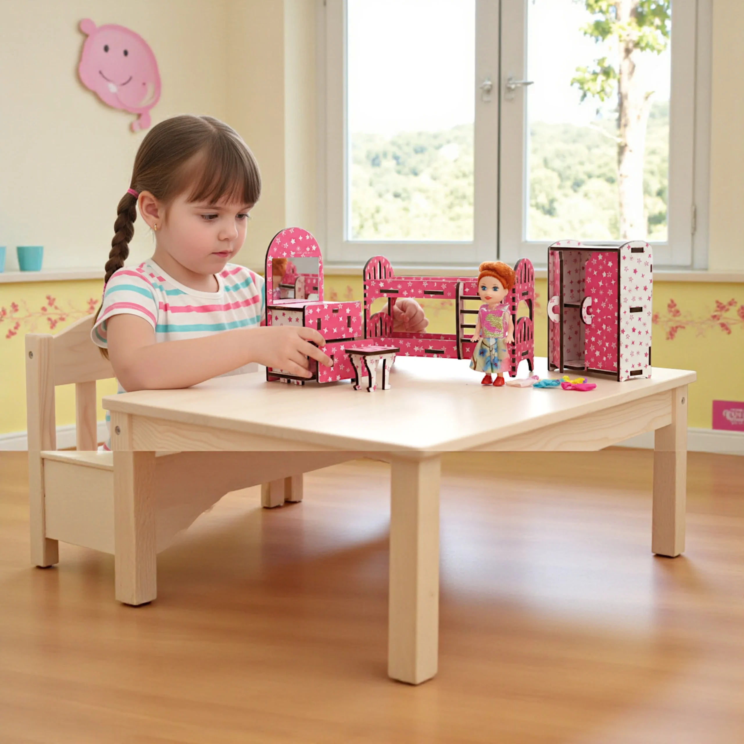 Kids Playing With Dollhouse Bedroom Furniture – Educational Toy child arranging miniature dollhouse bedroom furniture pieces to promote fine motor skills
