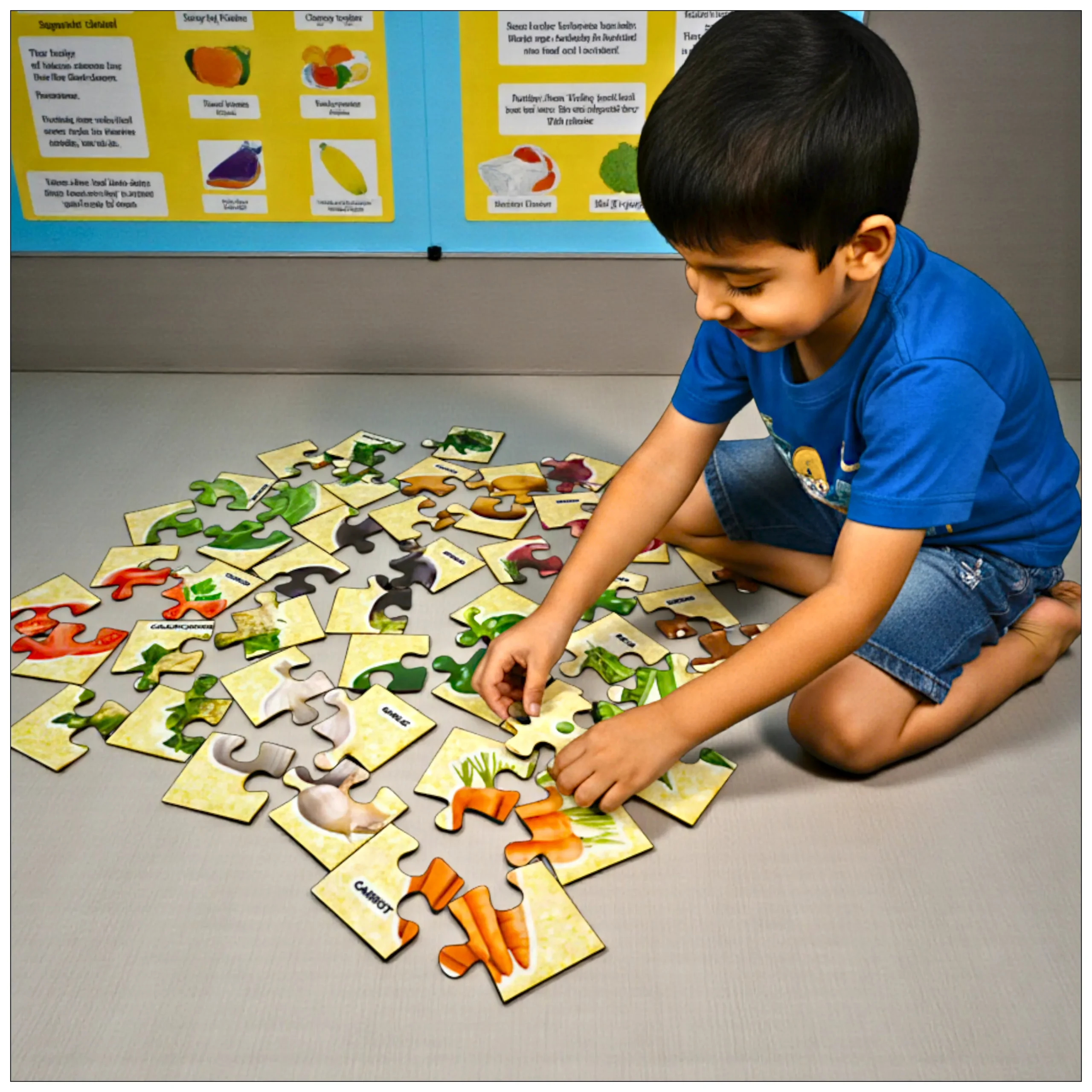 Kids Solving Shape and Vegetable Puzzle kids playing with shape and vegetable jigsaw puzzle