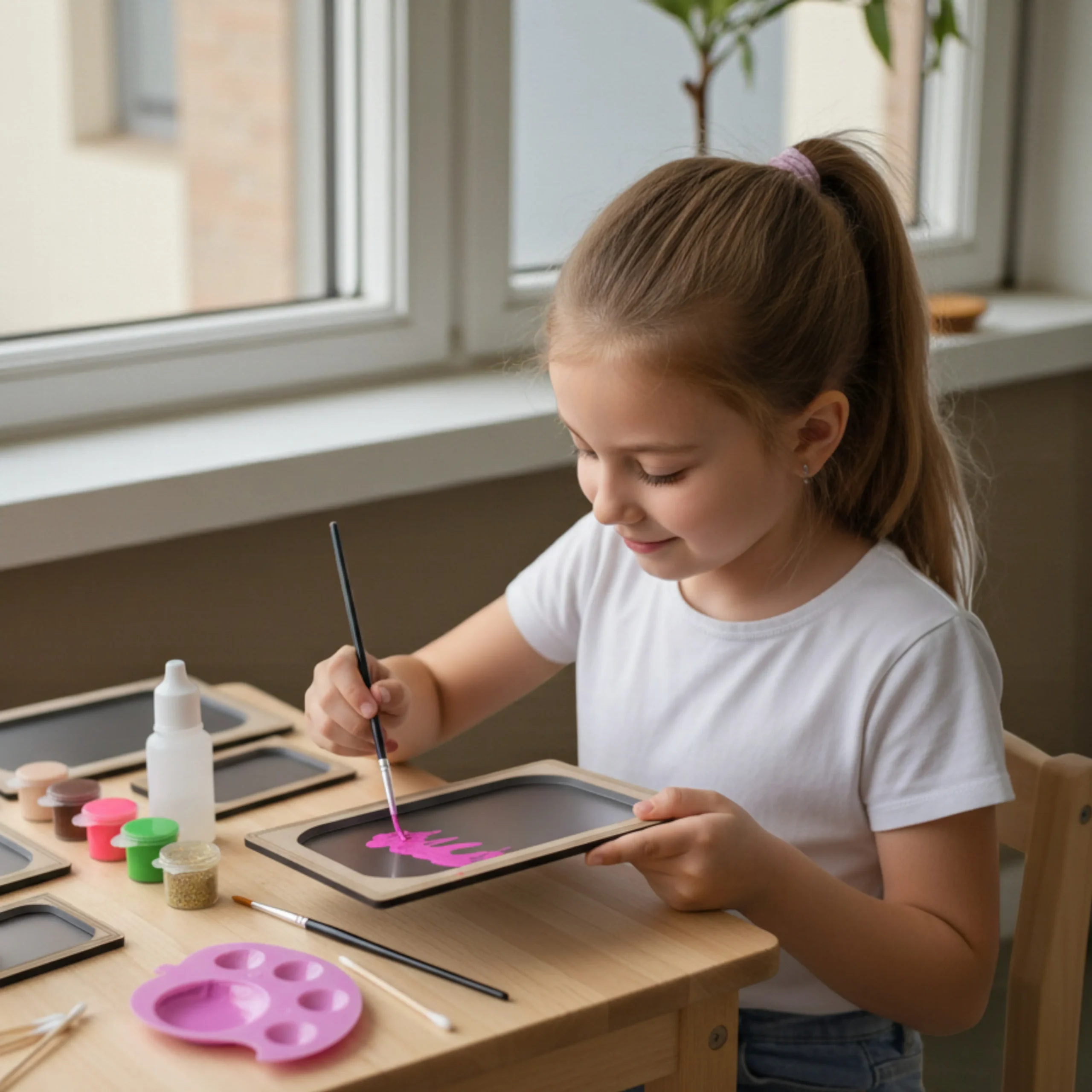 Kids Creating Art with Glass Painting Kit kids painting on glass using diy glass painting kit