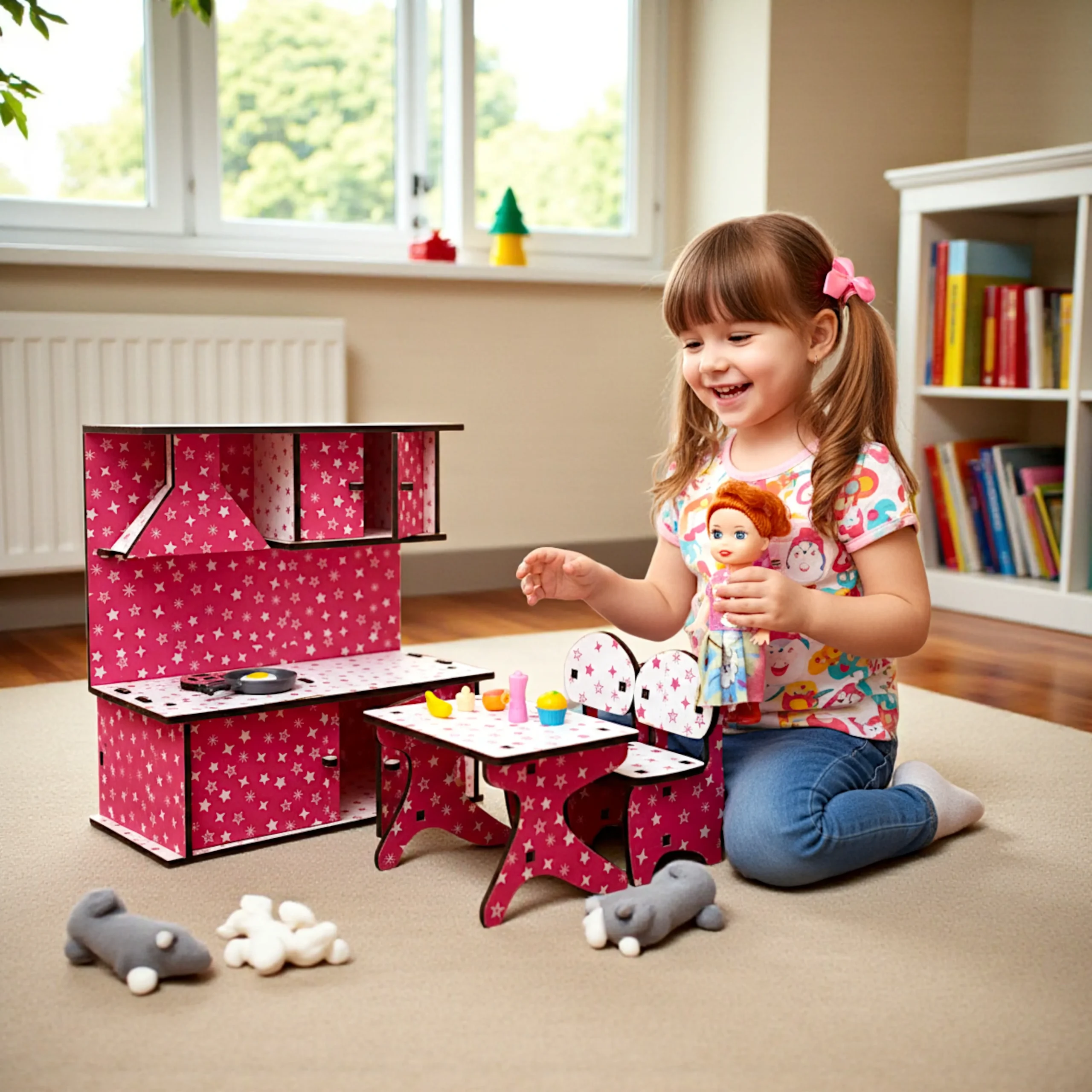 Toy Kitchen Set in Kids Playroom kitchen set toy arranged in kids playroom for pretend cooking