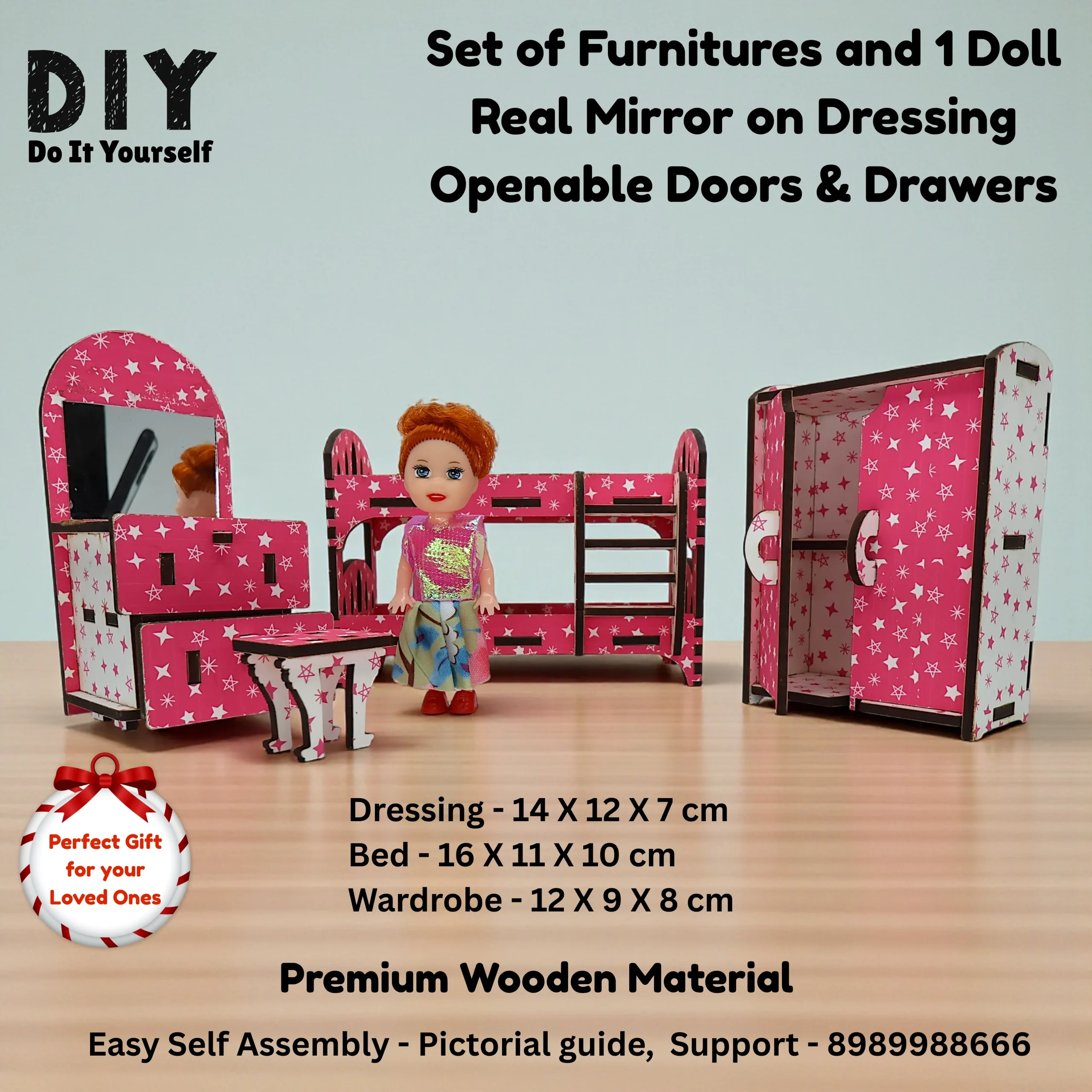 miniature dollhouse bedroom furniture set made from wood with bed, wardrobe and accessories for pretend play