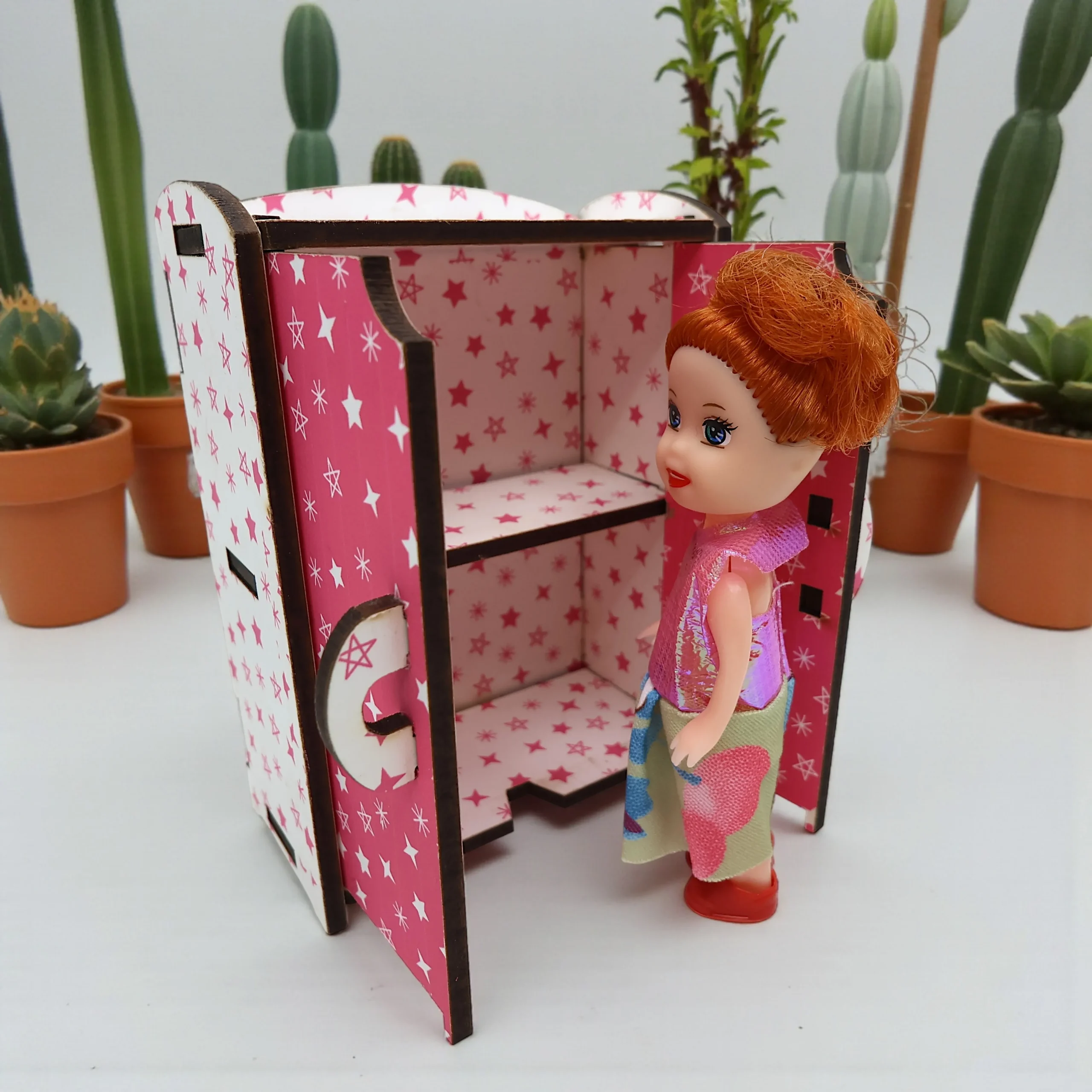 Miniature Dollhouse Wardrobe – Wooden Bedroom Accessory mini wardrobe furniture for dollhouse bedroom set with doors for role play and storage
