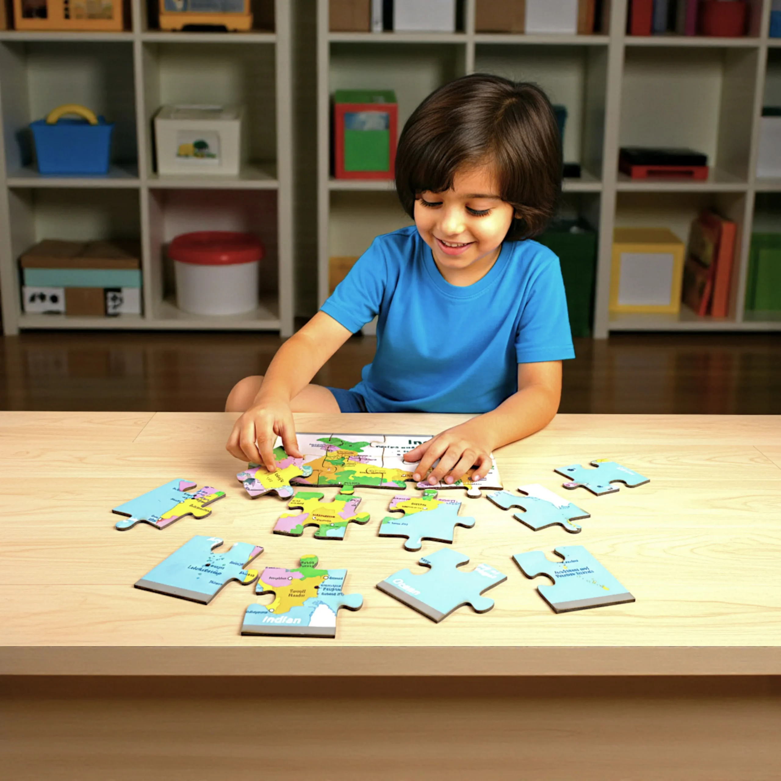 Child-Safe Wooden India Puzzle close up of wooden India map and flag jigsaw puzzle with safe smooth edges